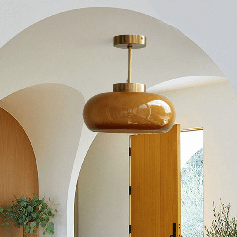 Domelight | 11" Vintage Semi Flush Plafondlamp met Oranje Koepelglas