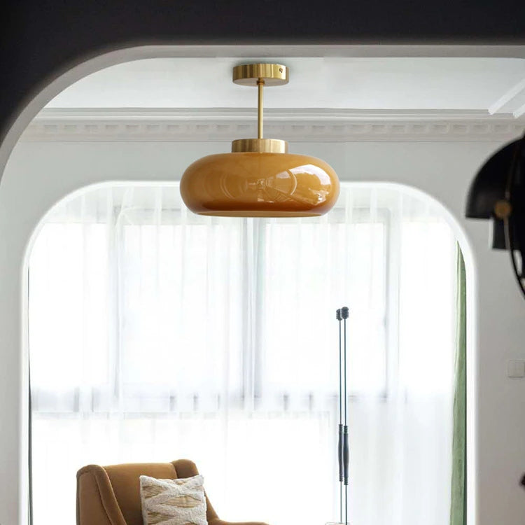 Domelight | 11" Vintage Semi Flush Plafondlamp met Oranje Koepelglas