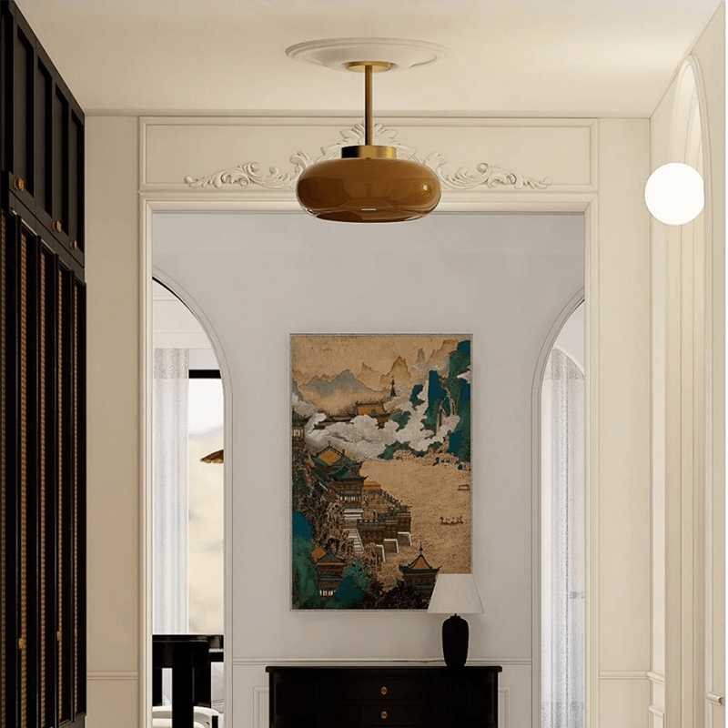 Domelight | 11" Vintage Semi Flush Plafondlamp met Oranje Koepelglas