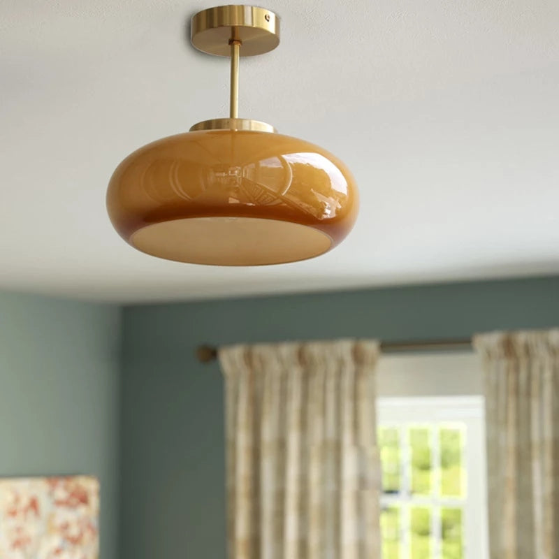 Domelight | 11" Vintage Semi Flush Plafondlamp met Oranje Koepelglas