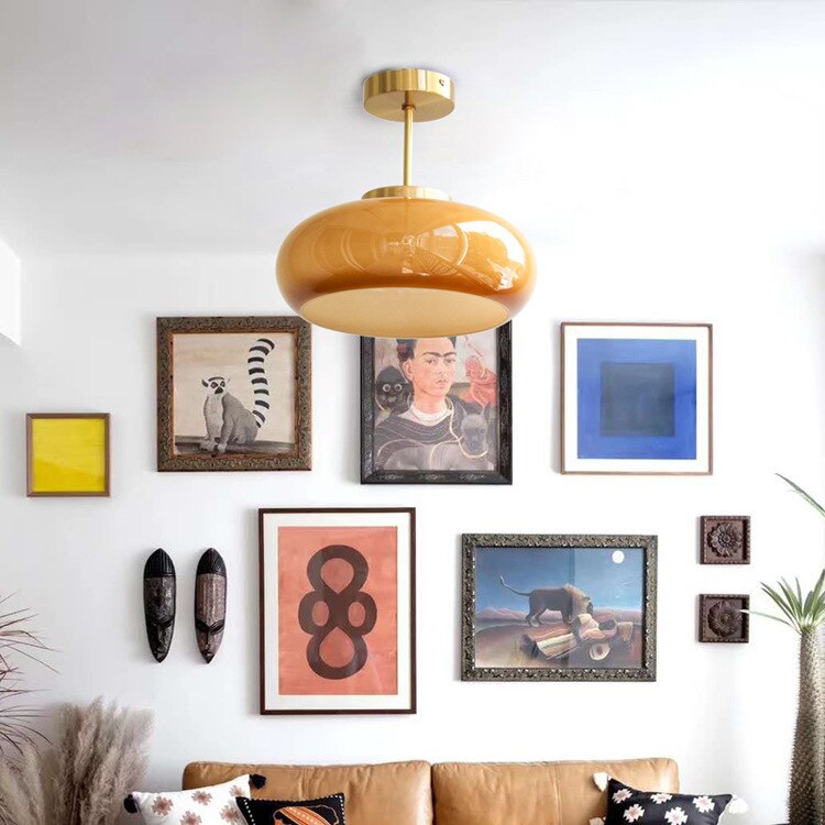 Domelight | 11" Vintage Semi Flush Plafondlamp met Oranje Koepelglas
