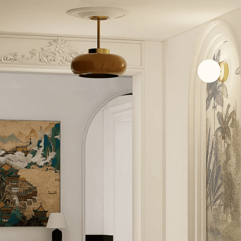 Domelight | 11" Vintage Semi Flush Plafondlamp met Oranje Koepelglas