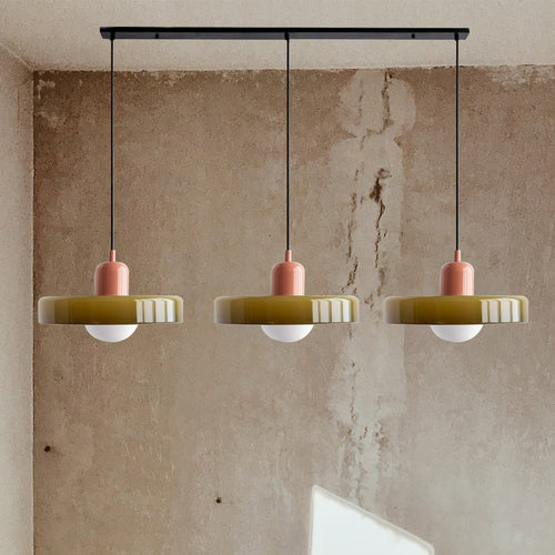 3-KOPPIGE BAUHAUS-PENDANTLAMP UIT KLEURGLAS