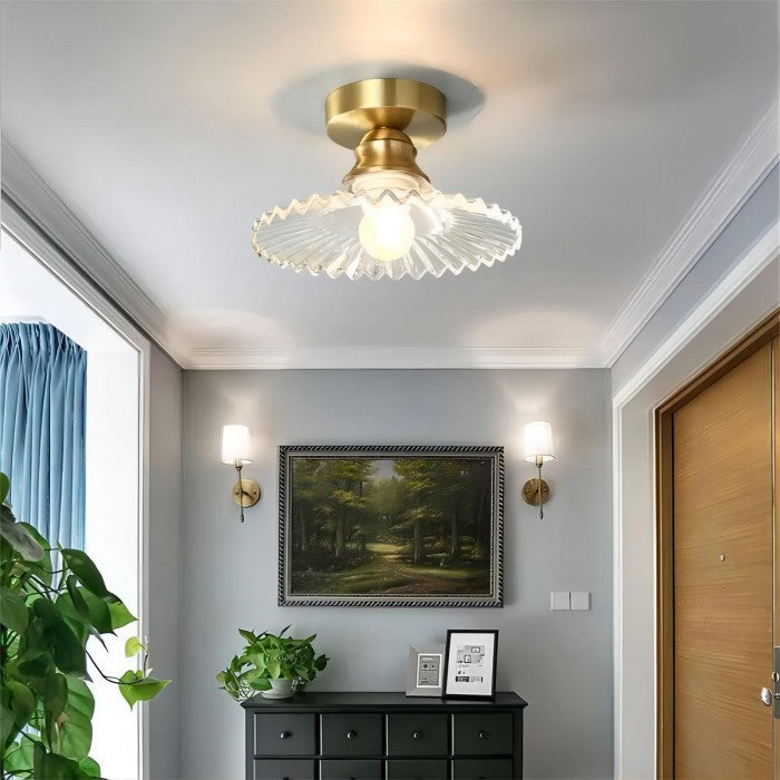 Vintage Helder Glas Geribbelde Bloemblad Plafondlamp