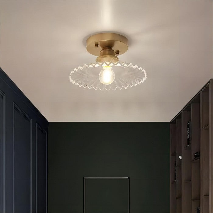 Vintage Helder Glas Geribbelde Bloemblad Plafondlamp